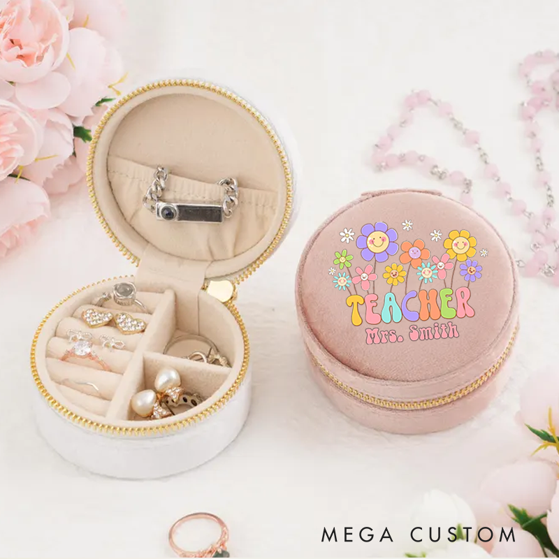 Personalized Velvet Jewelry Box for Teacher Cheerful Flowers and Teacher Round Jewelry Box Gift Teacher Appreciation Gift