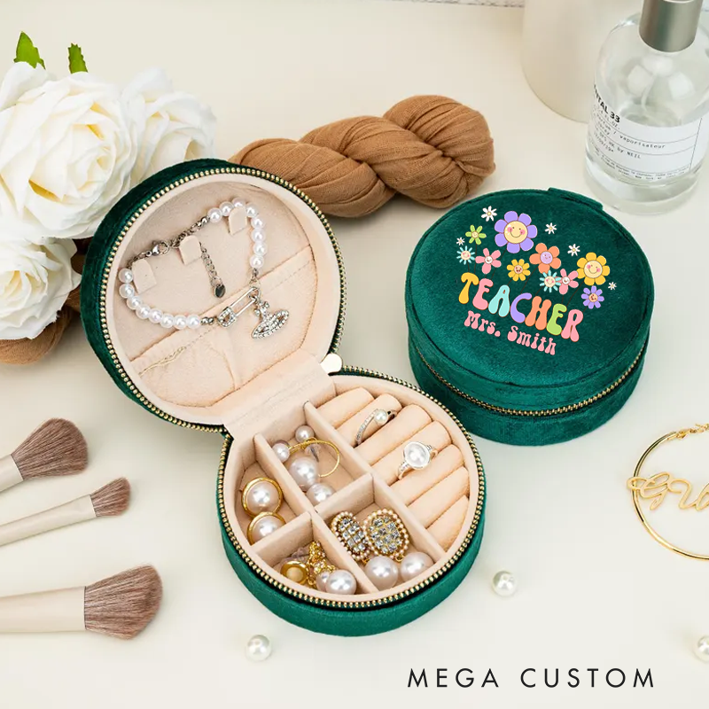 Personalized Velvet Jewelry Box for Teacher Cheerful Flowers and Teacher Round Jewelry Box Gift Teacher Appreciation Gift