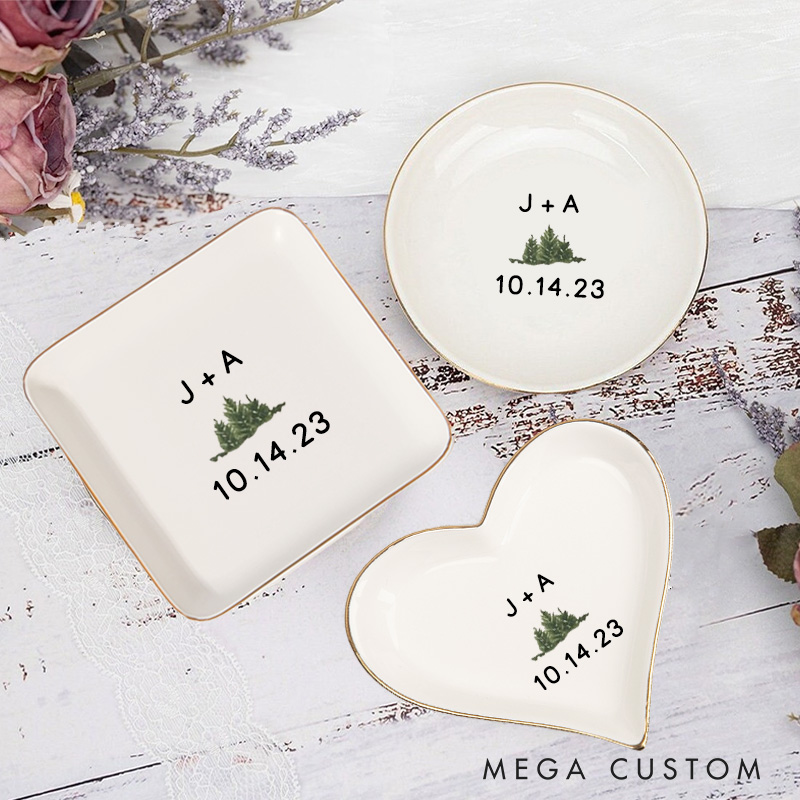 Personalized Minimalist Evergreen with Initials and Date Wedding Engagement Gold-Trimmed Ring Dishes