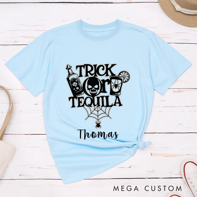 Personalized Halloween Trick or Teouila and Drink Witches Couple Funny Matching T-Shirt
