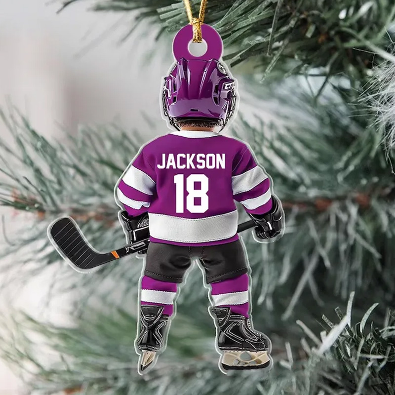 Personalized Hockey Player Ornament with Custom Name, Number, and Jersey Colors Design