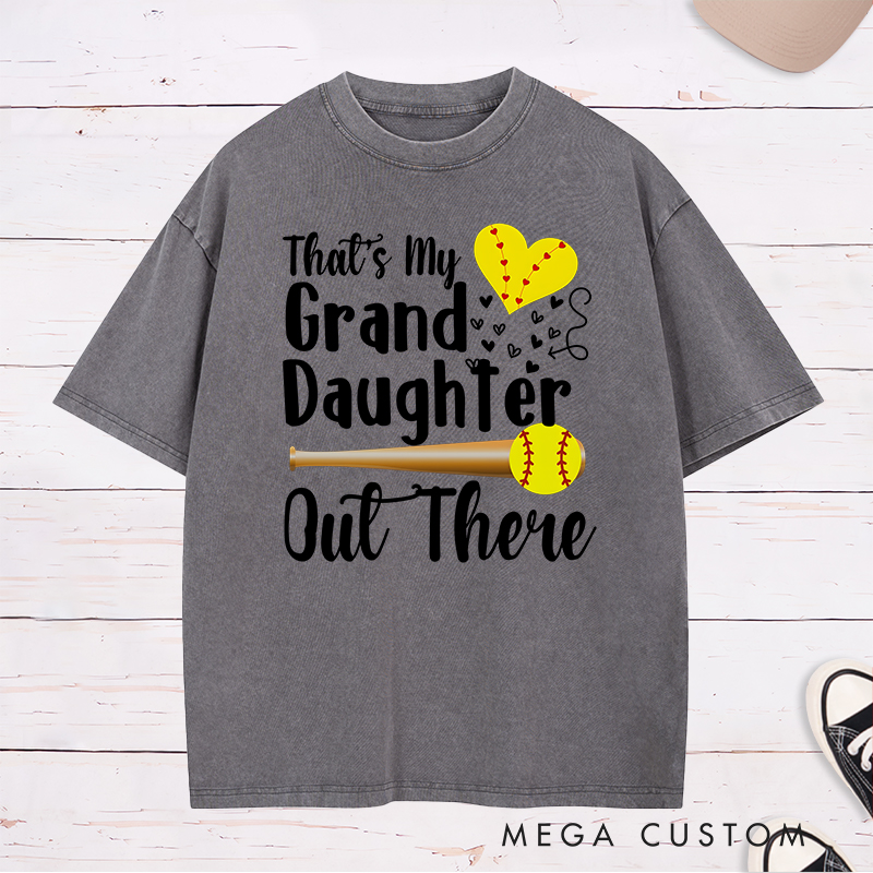 Personalized Softball Support Washed T-Shirt Design Featuring Customizable Text for Granddaughter or Other Titles Bold Typography Heart-Shaped Stitching Graphic Softball Bat and Ball Elements