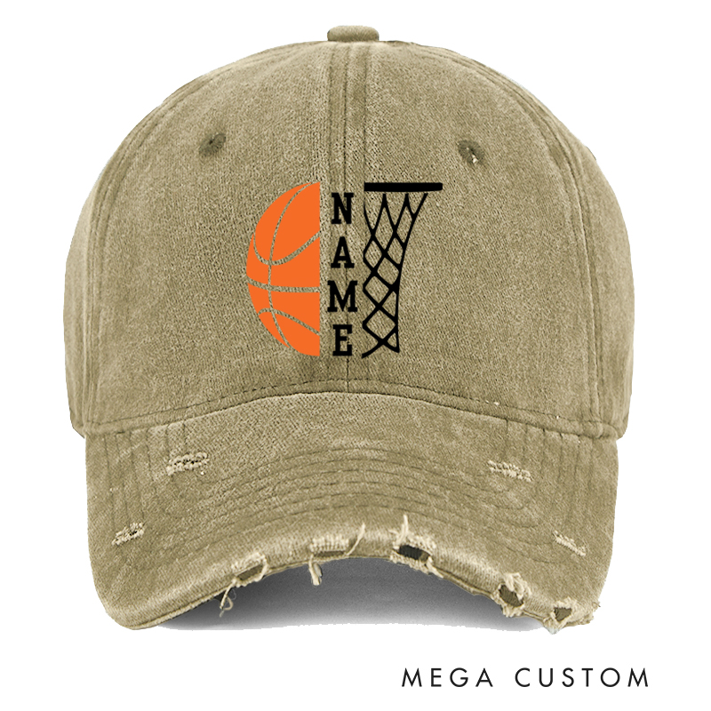 Personalized Distressed Denim Basketball Cap with Custom Name Basketball Graphic and Hoop Design
