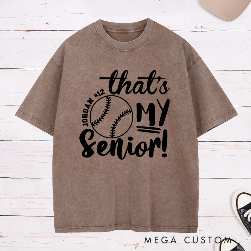 Personalized Senior Softball Spirit Washed T-Shirt Design Perfect for School Teams Featuring Custom Name Number and Bold Text with a Softball Graphic