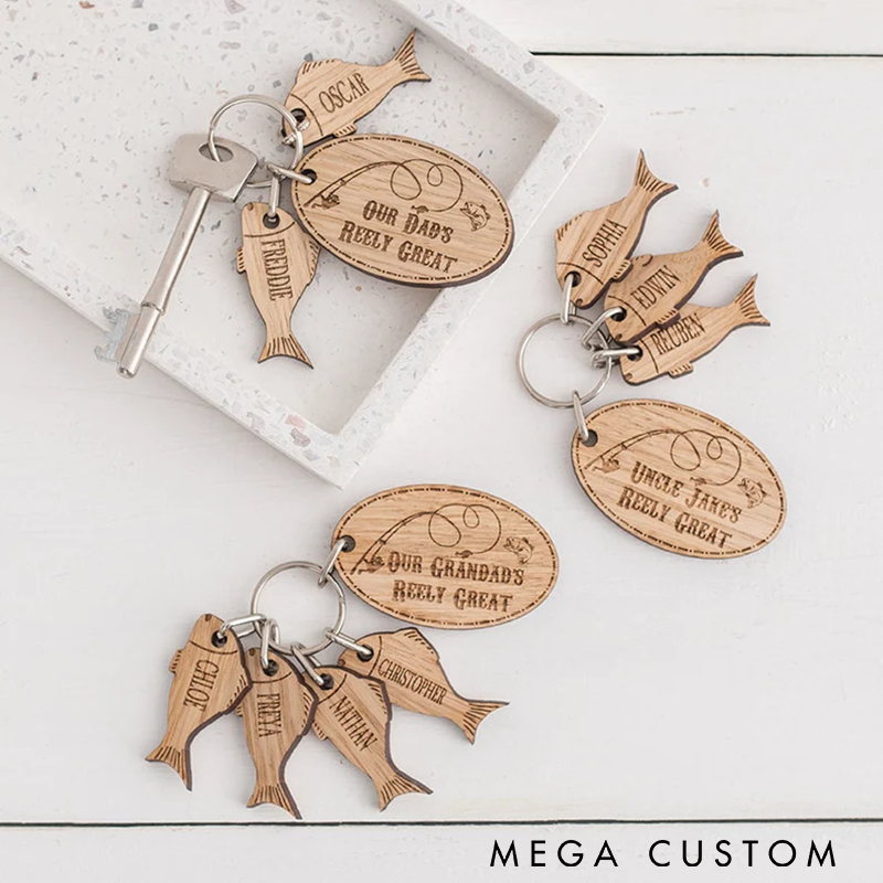 Personalized Fishing Keychain Wooden Design Engraved Names Birthday or Christmas Gift Perfect Gift for Dad Grangpa Father's Day or Fishing Enthusiasts