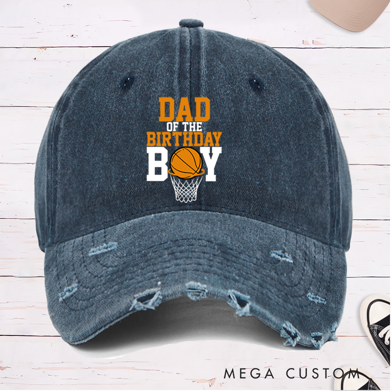 Personalized Distressed Denim Cap with Custom Title for Birthday Celebration and Basketball Design