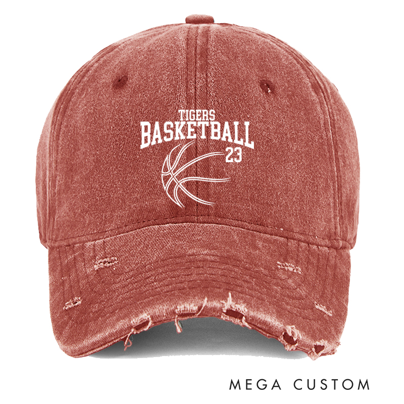 Personalized Distressed Basketball Cap with Custom Team Name and Player Number Design