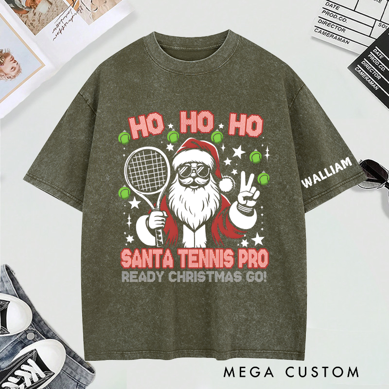 Personalized "Santa Tennis Pro" Christmas Washed T-Shirt with Custom Name