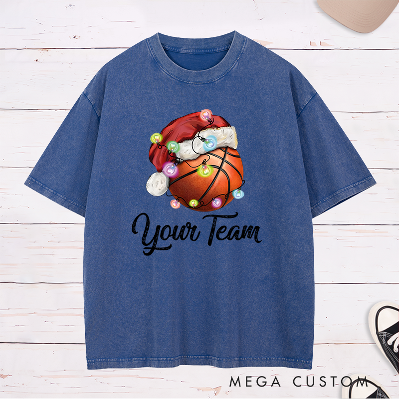 Personalized Festive Washed T-Shirt with Custom Team Name and Basketball Santa Hat Design