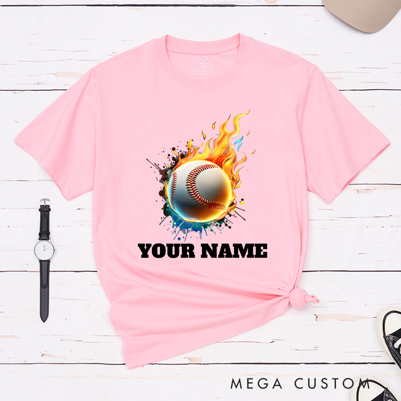  Personalized Flaming Baseball T-Shirt with Custom Name  