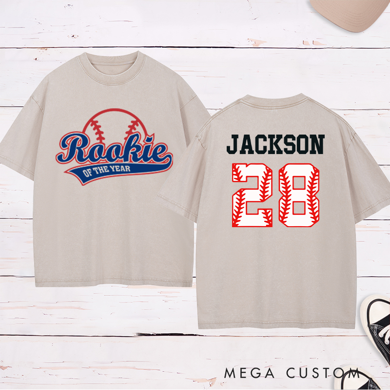 Personalized Baseball Name and Number Washed T-Shirt for Rookie