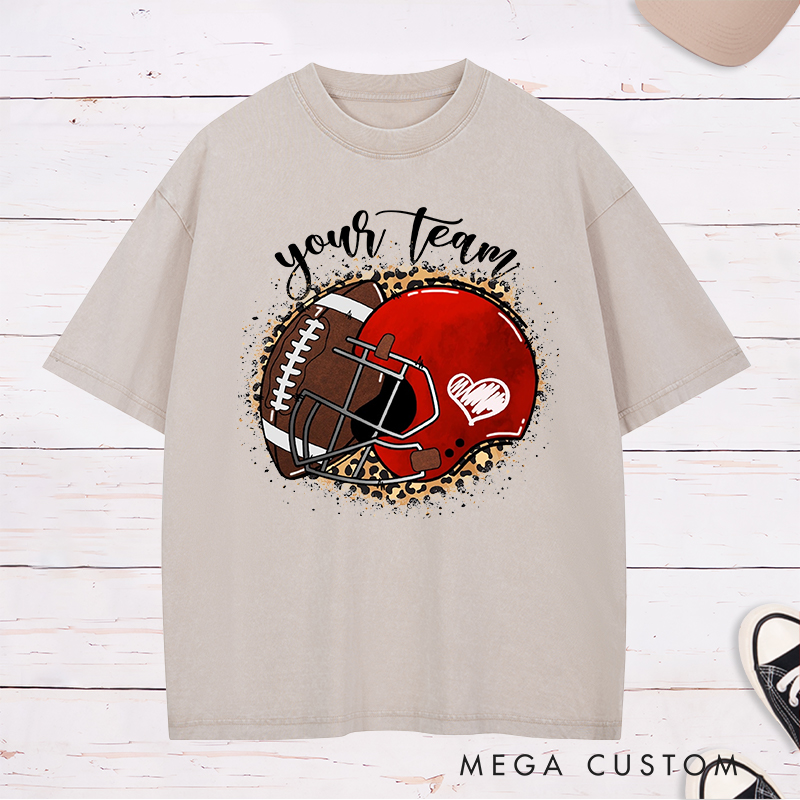 Personalized American Football Ball And Helmet Washed T-Shirts Featuring Custom Team Name