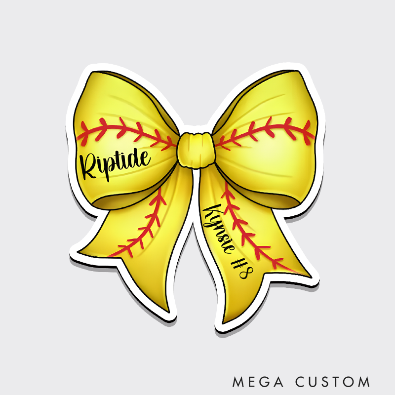 Personalized Softball Refrigerator Magnet with Custom Name Number Team Name and Yellow Bow Stitching Design