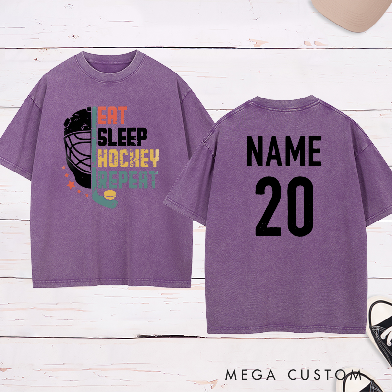 Personalized "Eat, Sleep, Hockey, Repeat" Washed T-Shirt with Custom Name and Number