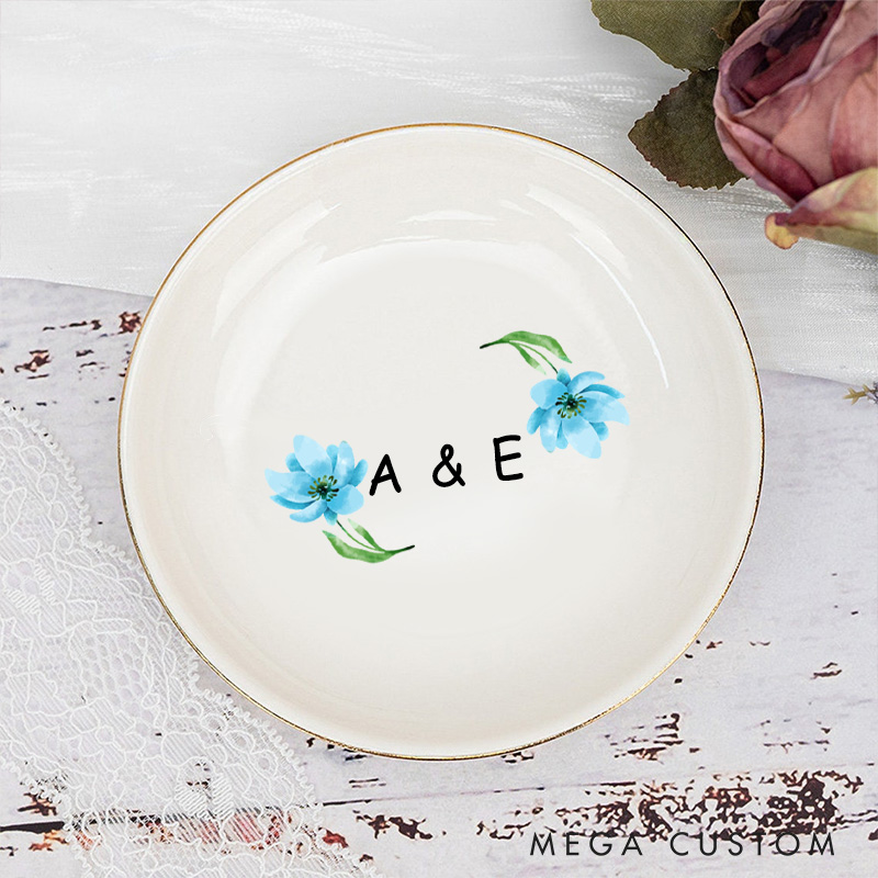 Personalized Watercolor Floral Blue Blossoms with Initials Wedding Engagement Gold-Trimmed Ring Dishes