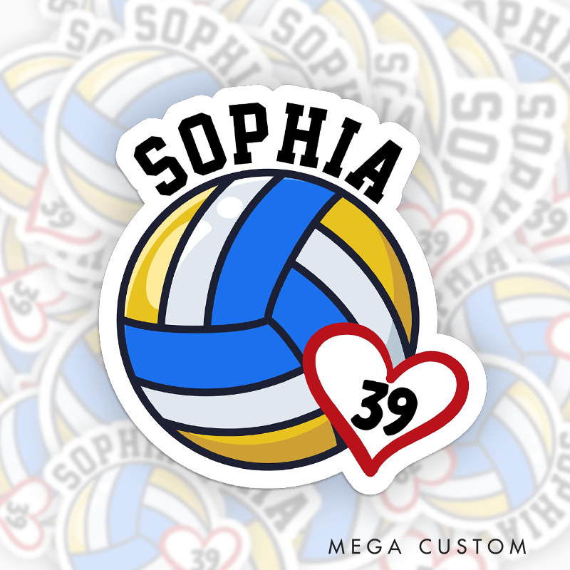 Personalized Volleyball Heart Sticker with Custom Player Name and Number for Athlete Sticker