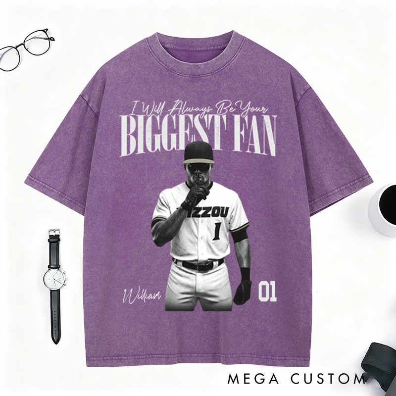 Personalized Biggest Fan Washed T-Shirt with Player Image and Name Customization