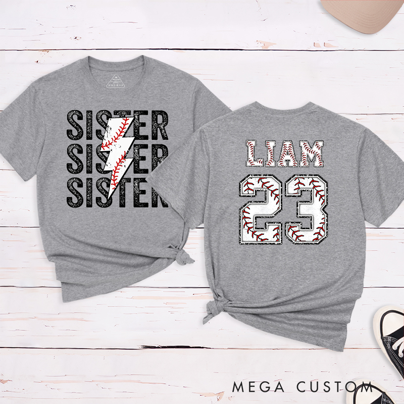 Personalized Baseball Sister T-Shirt with Lightning Stitch Design and Custom Name and Number