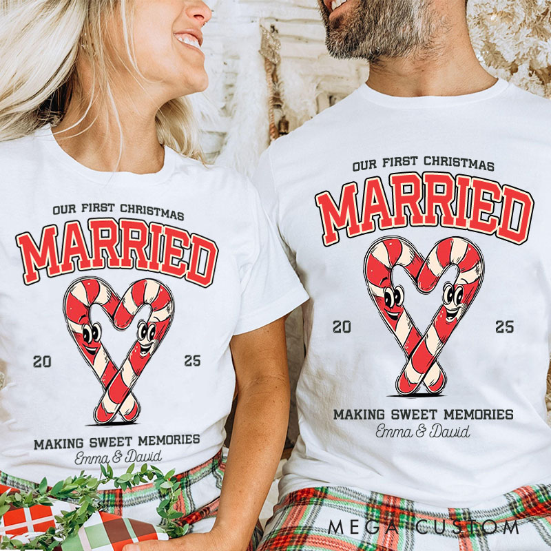 Personalized Couple Our First Christmas T-Shirt Custom Newlyweds Festive Heart Candy Canes Shirt for Husband Wife Married Tee Top BF GF Christmas Gift