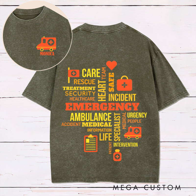 Personalized Two Sides Printed Washed T-Shirt Customized Emergency Care Word Cloud Design Washed T-Shirt 