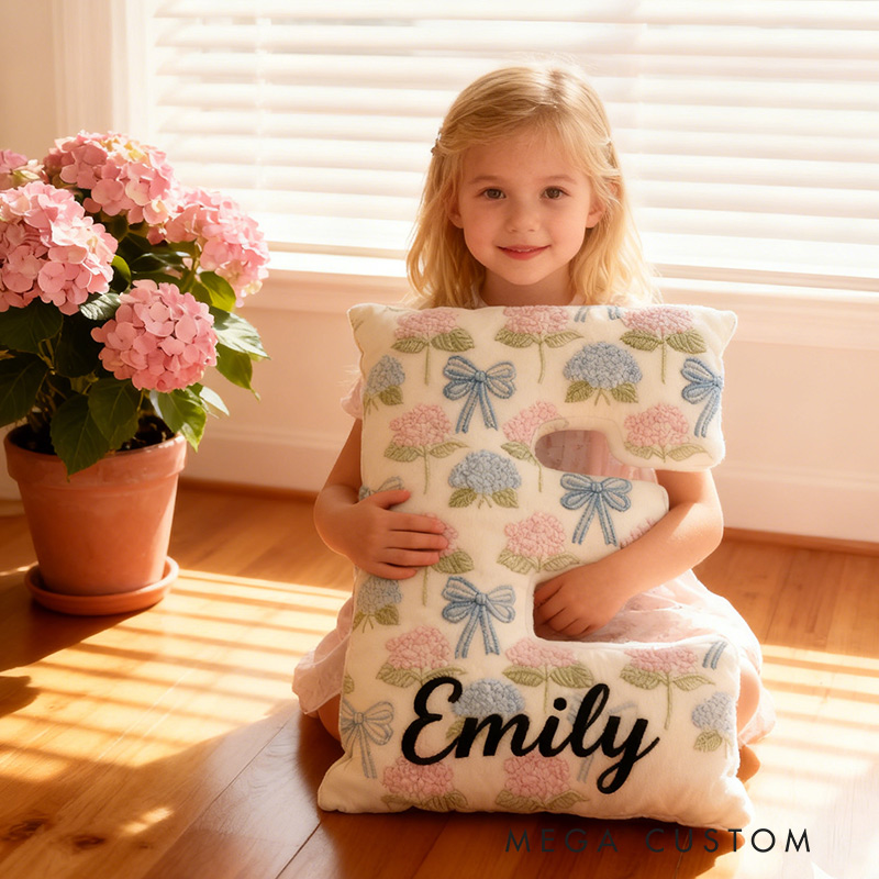 Personalized Hydrangea Letter Letter Pillow Graphic 3D Print Bow and Hydrangea Custom Name Pillow for Gardening Lovers