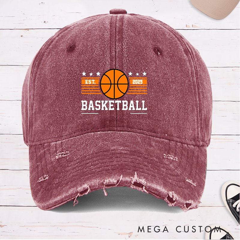 Personalized Distressed Denim Basketball Cap with Custom Team Name and Year Design