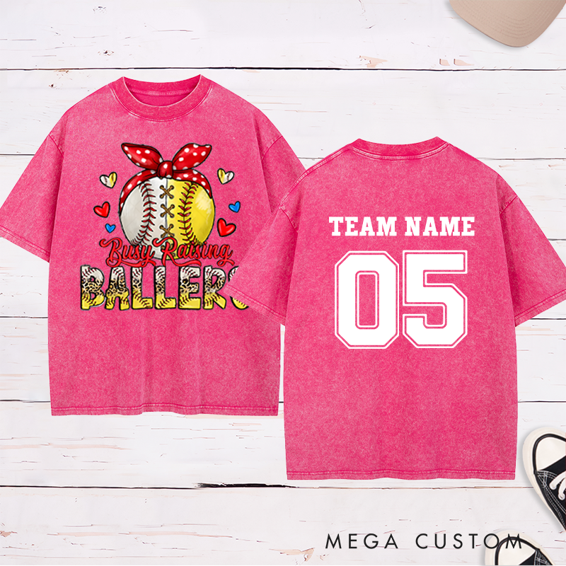 Personalized "Busy Raising Ballers" Washed T-Shirt with Custom Name and Number   