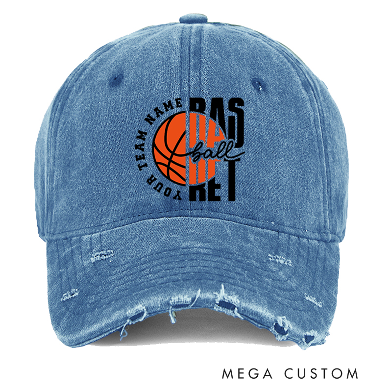 Personalized Basketball Distressed Cap with Custom Team Name and Bold Basketball Graphic Design