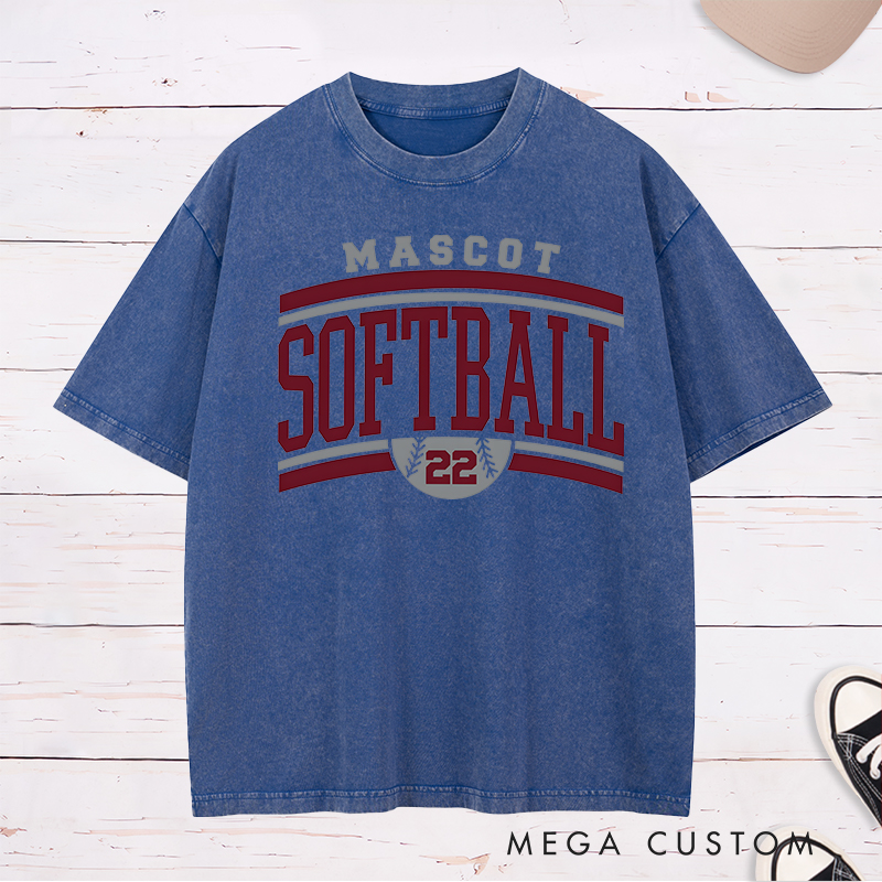 Personalized Softball Team Washed T-Shirt Design Featuring Custom Team Name Bold Typography and Customizable Jersey Number Integration