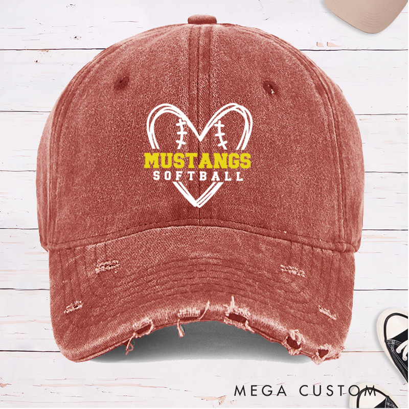 Personalized Distressed Denim Softball Cap with Custom Team Name and Heart Shaped Softball Design