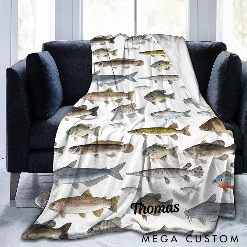 Personalized Fishing Blanket with Fish Species Design Custom Name  Soft and Cozy Throw for Fishermen Perfect Gift for Fishing Lover
