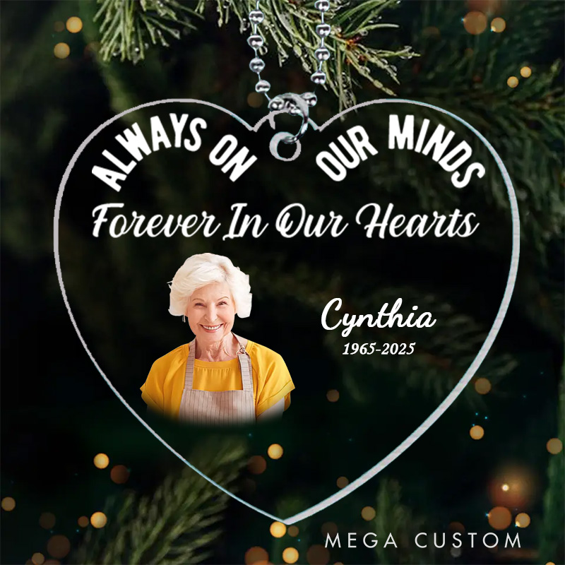 Personalized Memorial Heart Ornament Custom Photo Name Year Always On Our Minds Forever In Our Hearts Gift