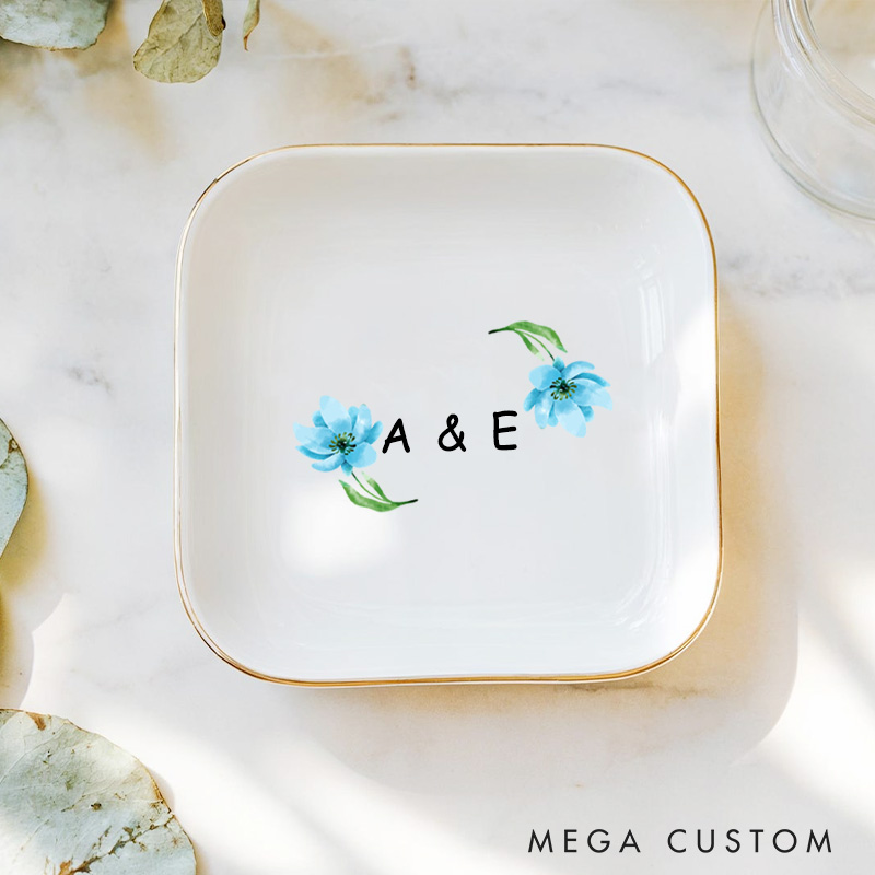 Personalized Watercolor Floral Blue Blossoms with Initials Wedding Engagement Gold-Trimmed Ring Dishes