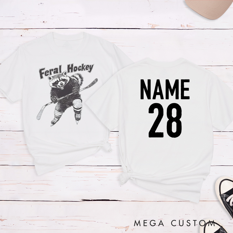 Personalized "Feral Hockey" Raccoon T-Shirt with Custom Name and Number