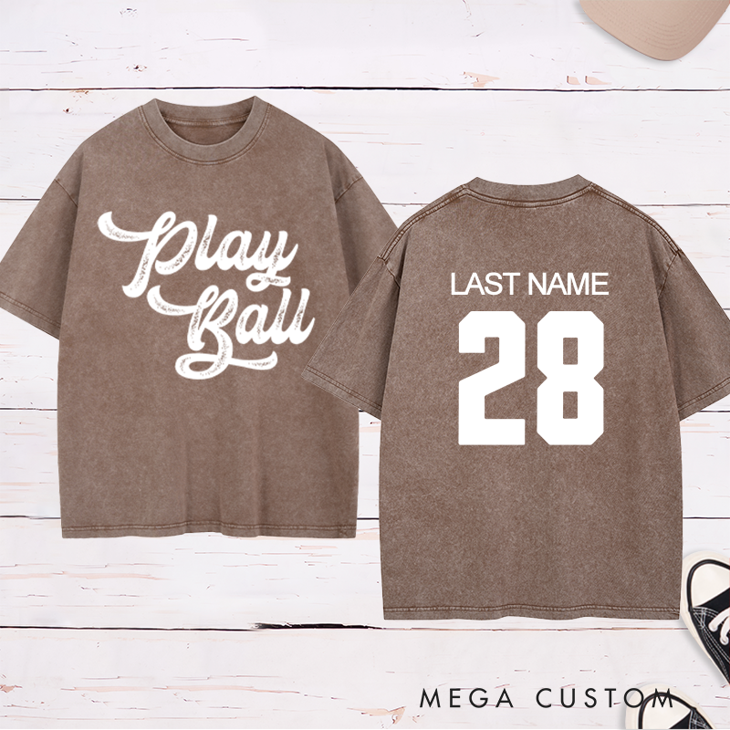 Personalized "Play Ball" Washed T-Shirt with Custom Name and Number