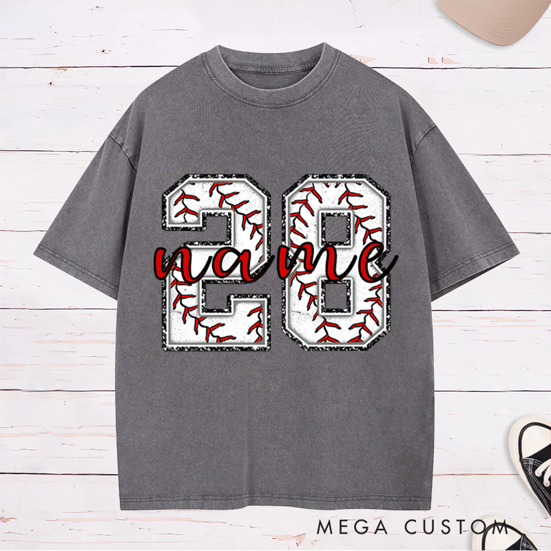 Personalized Baseball Washed T-Shirt Featuring Distressed Numbers and Custom Name and Number