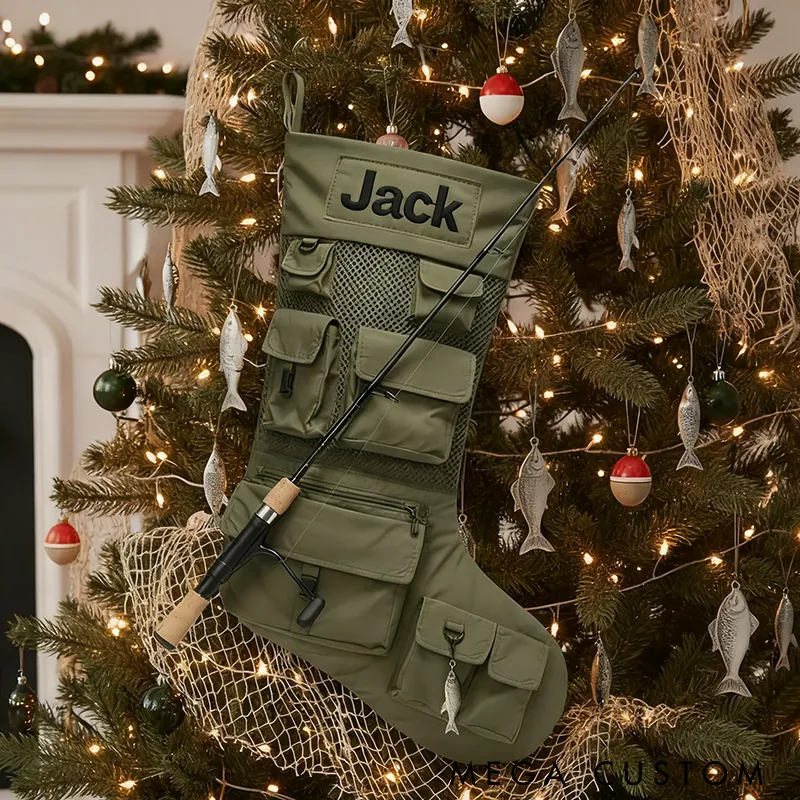 Personalized Fishing Christmas Stocking Christmas Decor Custom Name Stocking Multi-Pocket Design Perfect Holiday Gift for Anglers