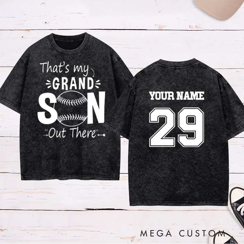 Personalized "That's My Grandson" Baseball Washed T-Shirt with Custom Name and Number