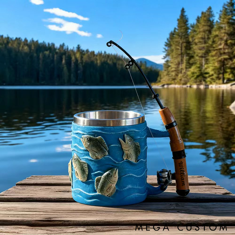Personalized Fishing Mug 3D Fish and Rod Handle Design Stainless Steel Interior Custom Name Perfect Gift for Fishing Enthusiasts
