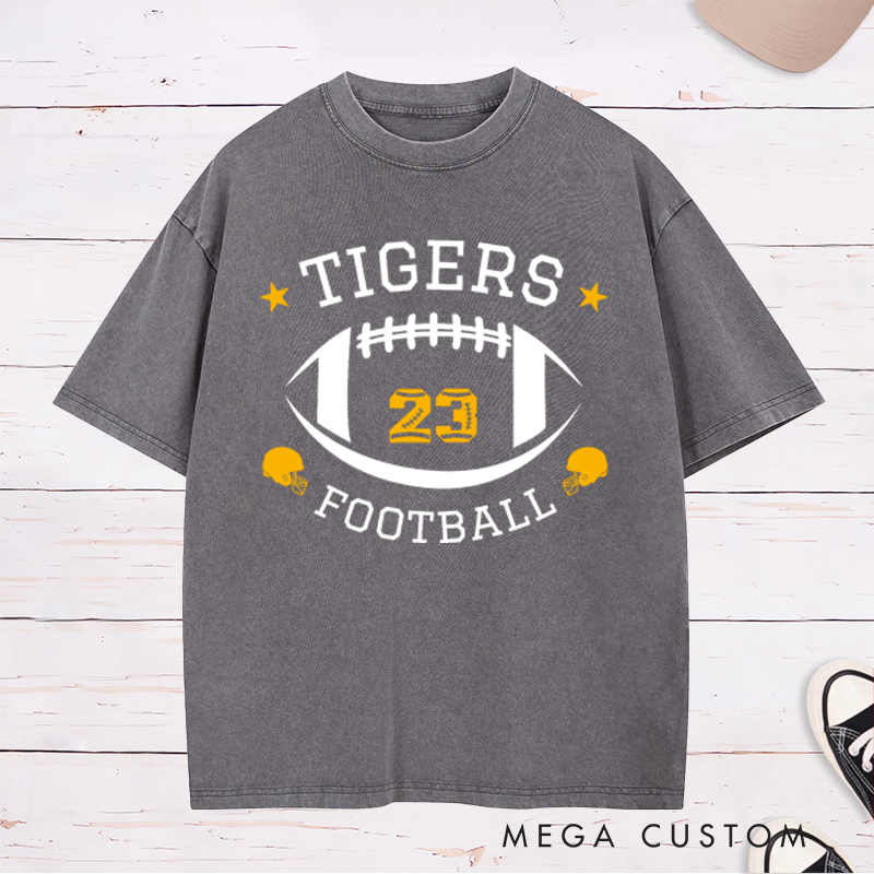 Personalized American Football Bold Team Design Washed T-Shirts with Custom Team Name and Number on the Front
