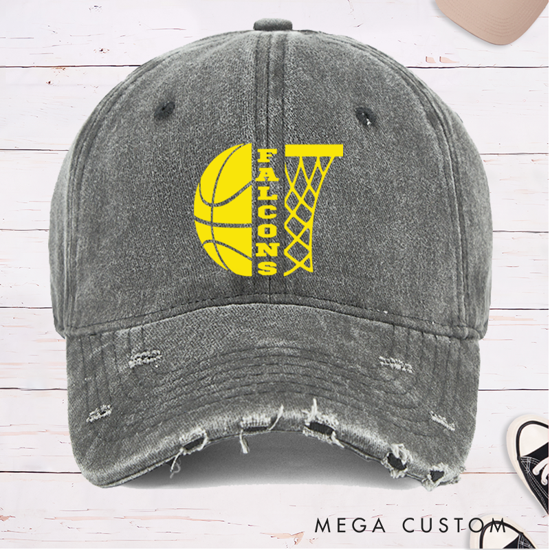 Personalized Distressed Basketball Cap with Custom Team Name and Minimalist Hoop Design
