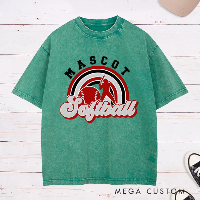 Personalized Softball Washed T-Shirt Design Featuring Custom Team Name Retro Rainbow Graphic Player Silhouette and Bold Typography