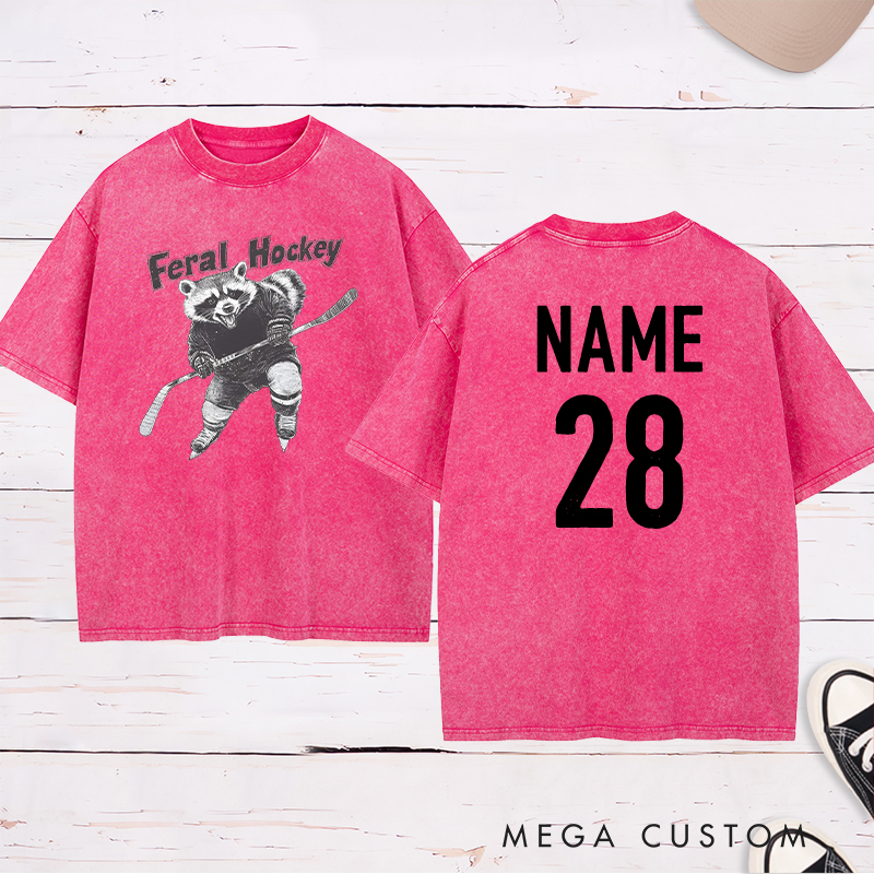 Personalized "Feral Hockey" Raccoon Washed T-Shirt with Custom Name and Number