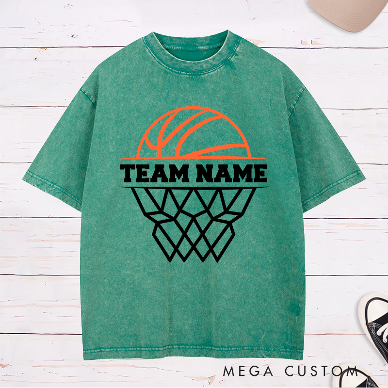 Personalized Basketball Team Washed T-Shirt Design Featuring Custom Team Name with Bold Hoop and Ball Graphic