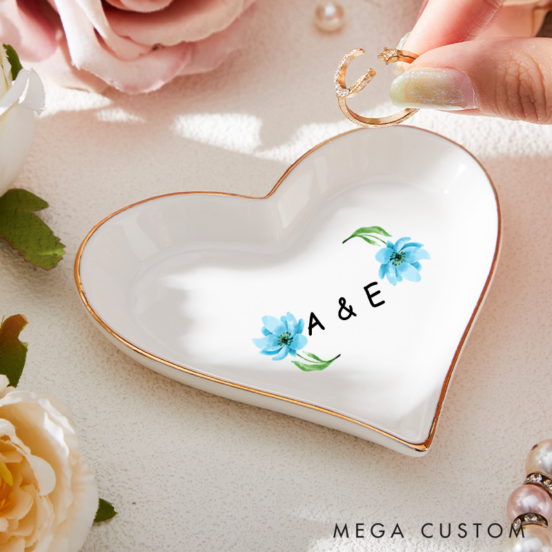Personalized Watercolor Floral Blue Blossoms with Initials Wedding Engagement Gold-Trimmed Ring Dishes