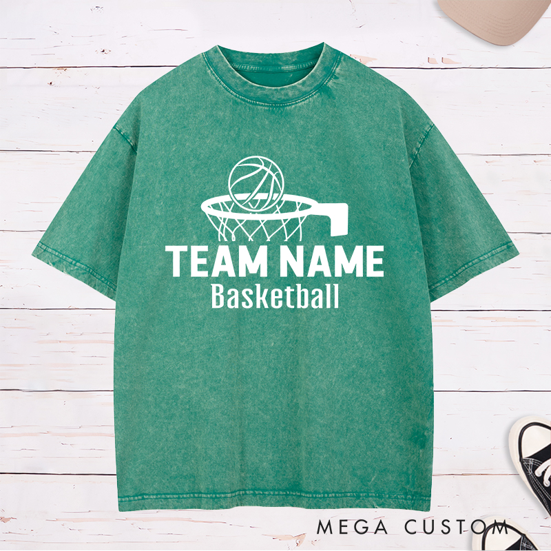 Personalized Washed T-Shirt Design Featuring a Basketball Hoop Graphic with Customizable Team Name and Basketball Text