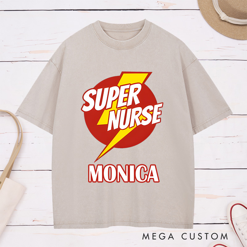 Personalized Nurse Washed T-Shirt Customized Super Nurse Design Washed T-Shirt 