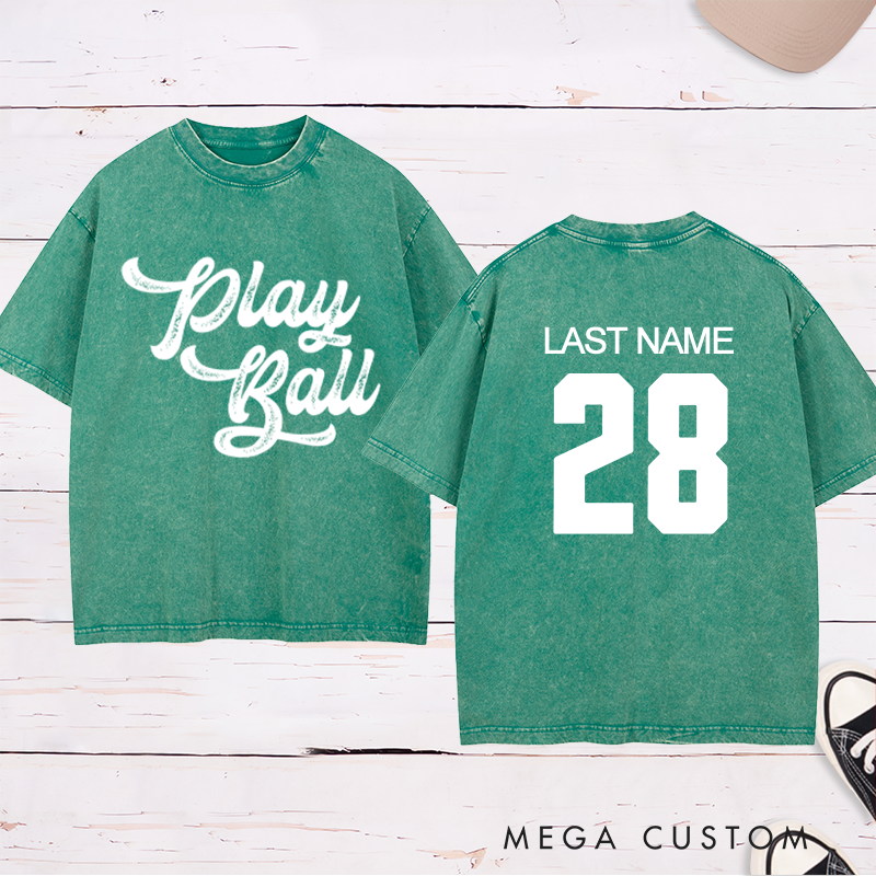 Personalized "Play Ball" Washed T-Shirt with Custom Name and Number