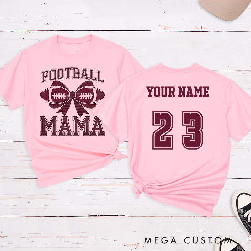 Personalized American Football Bow Mom T-Shirts Featuring Custom Name and Number for Game Day Glam