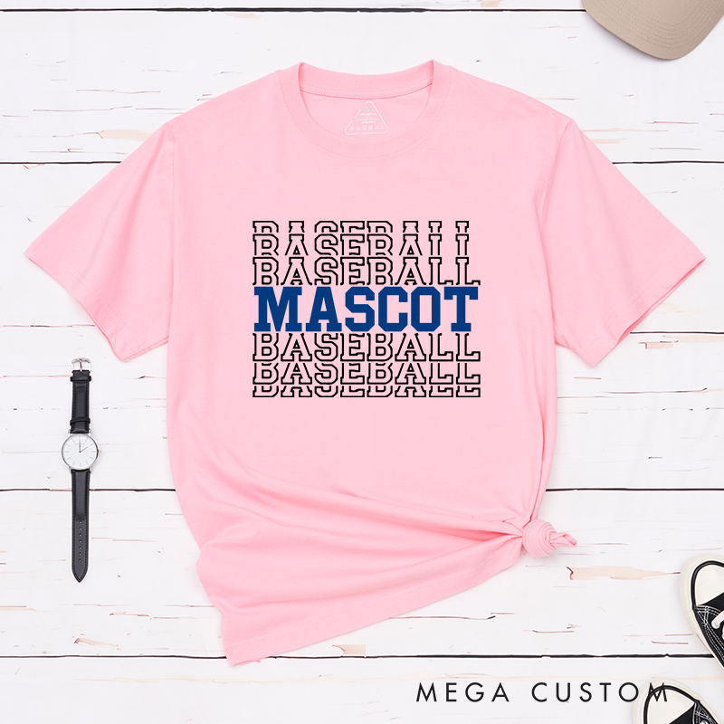 Personalized Baseball T-Shirt Featuring Team Name and Repeating Text Pattern